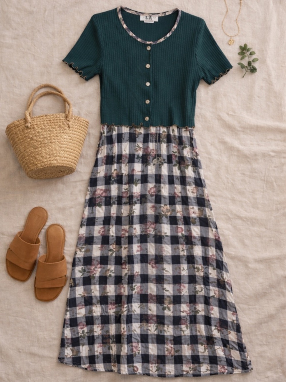 Vintage Cottagecore 2pc Dress Set Floral Gingham
